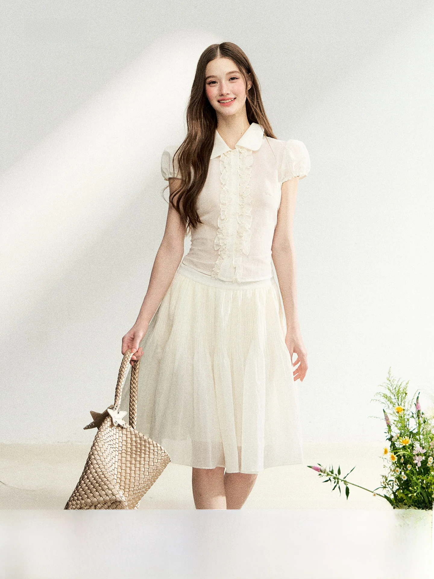 

7Shiftin Original Design Doll Collar Lace Top High Waist Simple Sweet Loose Set Women's Fashion Set Bubble Sleeve Pure Color