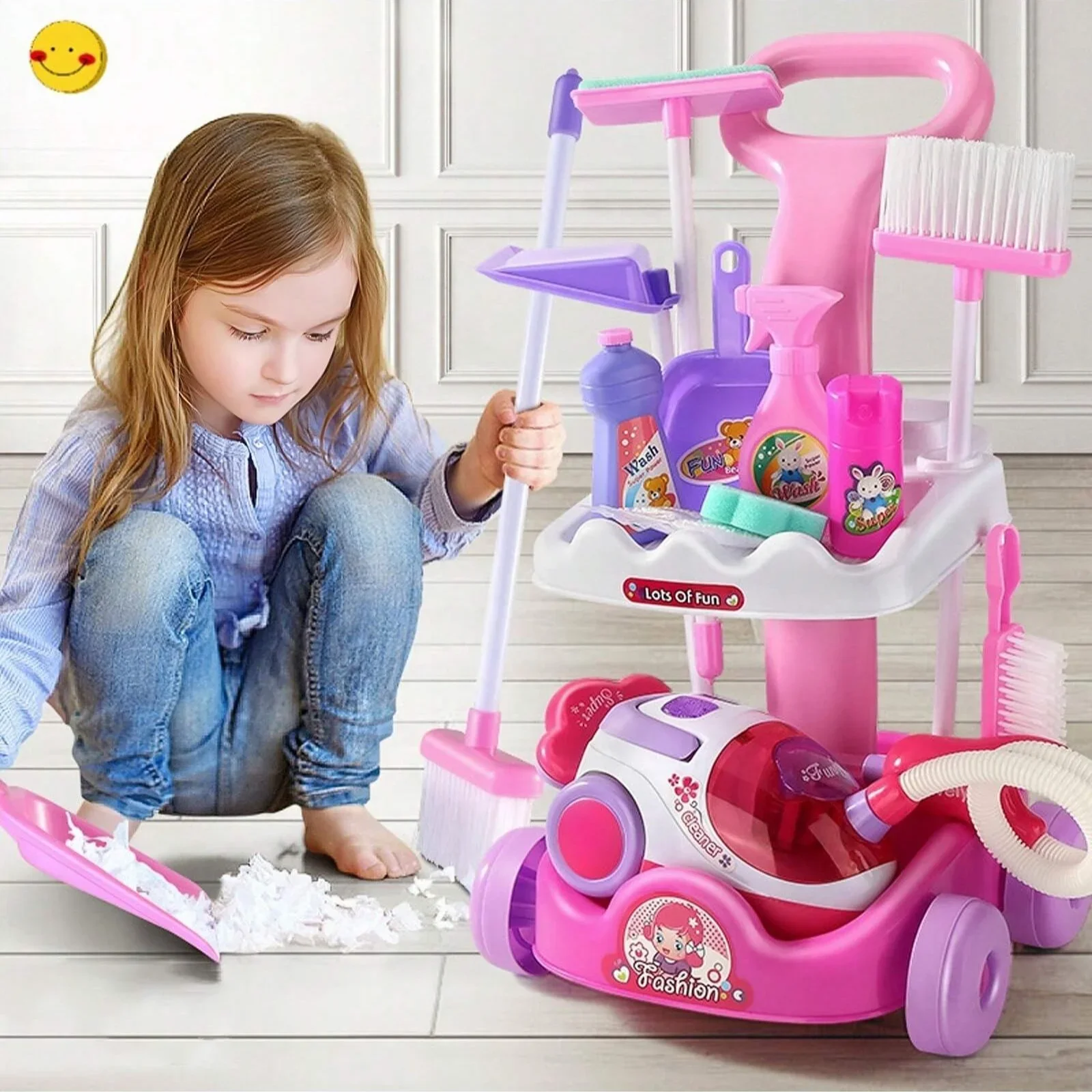 Carrello per la pulizia delle pulizie Playset Caddy include accessori e aspirapolvere giocattolo con suoni e luci Fai finta di giocare per le ragazze