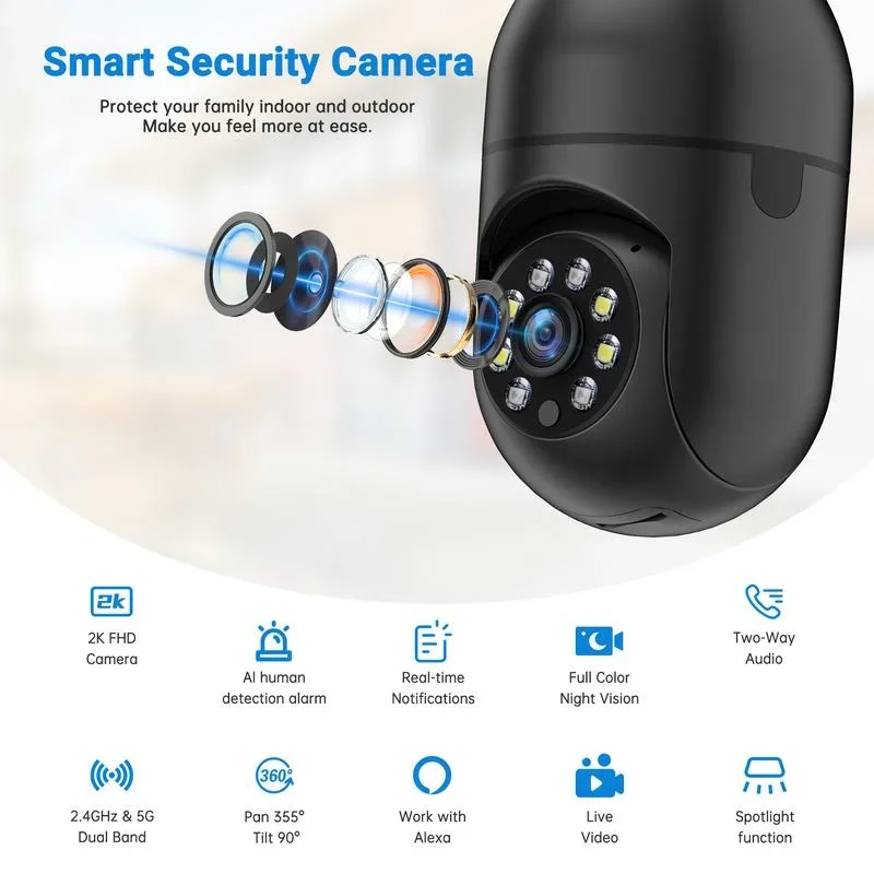 WESECUU Light Bulb Security Camera,WiFi,2K/3MP Full Color Night,Motion Detection,Sound Alarm,Two-Way Audio