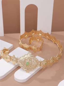 حزام زفاف قفطان أنيق ذهبي اللون معدني فاخر حزام مغربي للنساء فستان طويل قابل للتعديل طول مجوهرات الجسم