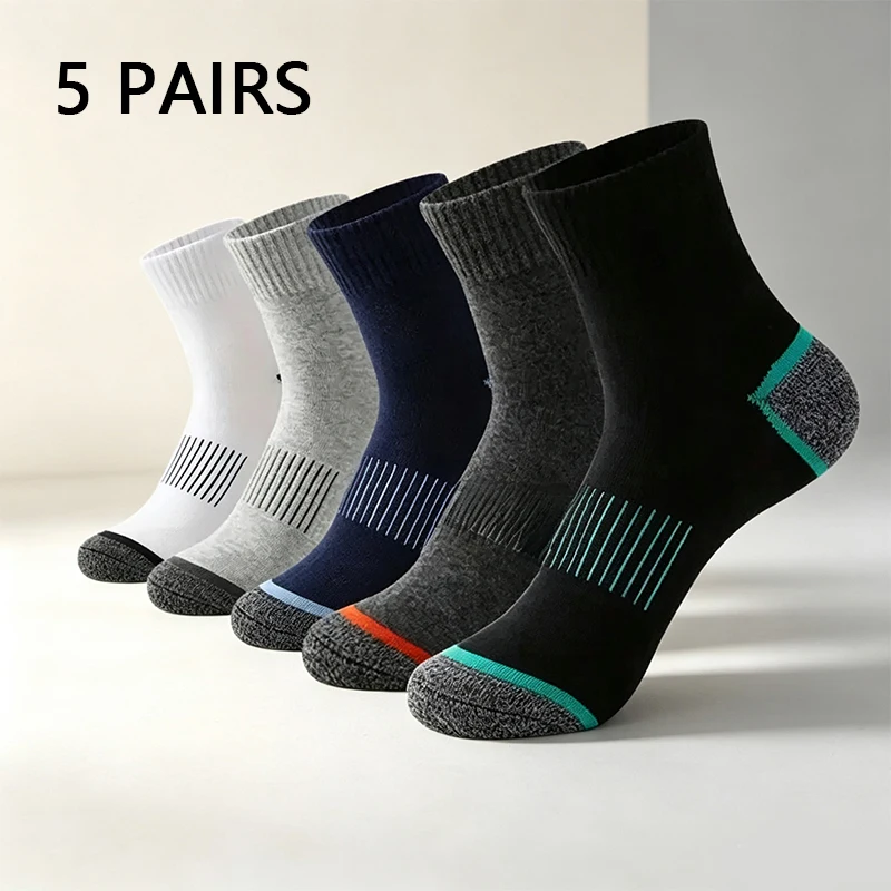 5 Pairs Men Mid Tube Sports Socks Spring Summer Breathable Cushioned Athletic Running Cycling Socks For Daily Wear