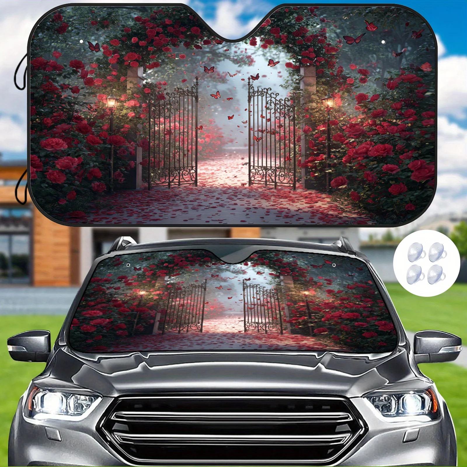 Rose Garden Arch Car Sunshade, Romantic Scene Design, Heat Insulating And Light Blocking, Includes 4 Suction Cups To Maintain A