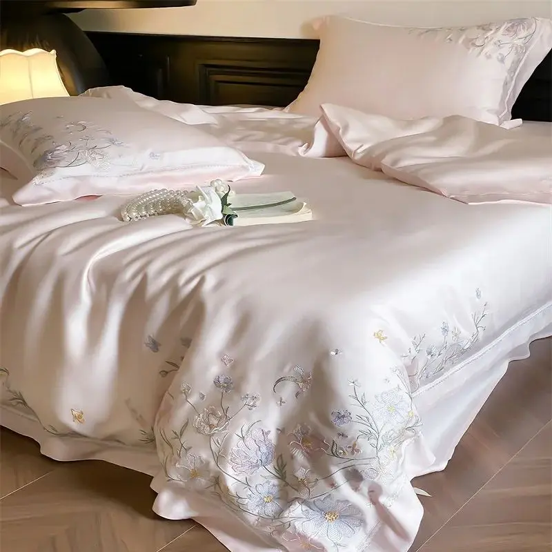 

800TC Lyocell Soft Silky Cooling Bedding Set Pink Chic Flowers Embroidery Duvet Cover Bed Sheet/Fitted Sheet Pillowcases 4Pcs