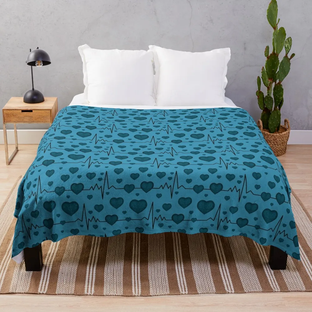 Pattern of cardiograms with an blue hearts Throw Blanket Summer Beddings valentine gift ideas Hairys Single Blankets