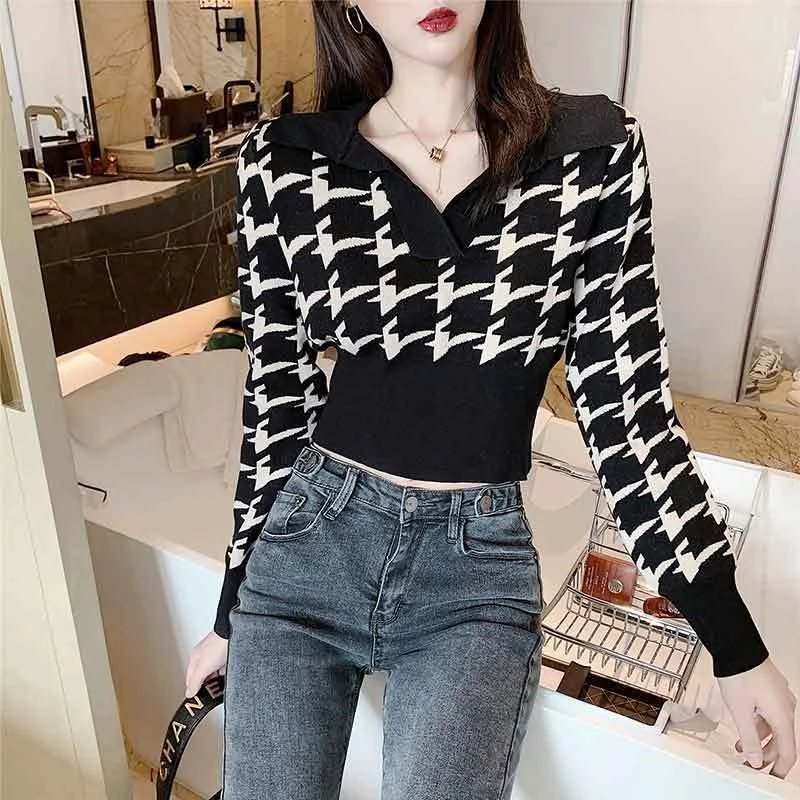 

Spring Autumn Versatile Houndstooth Checked V-neck Short Sweater High-waist Base Knit Top for Women