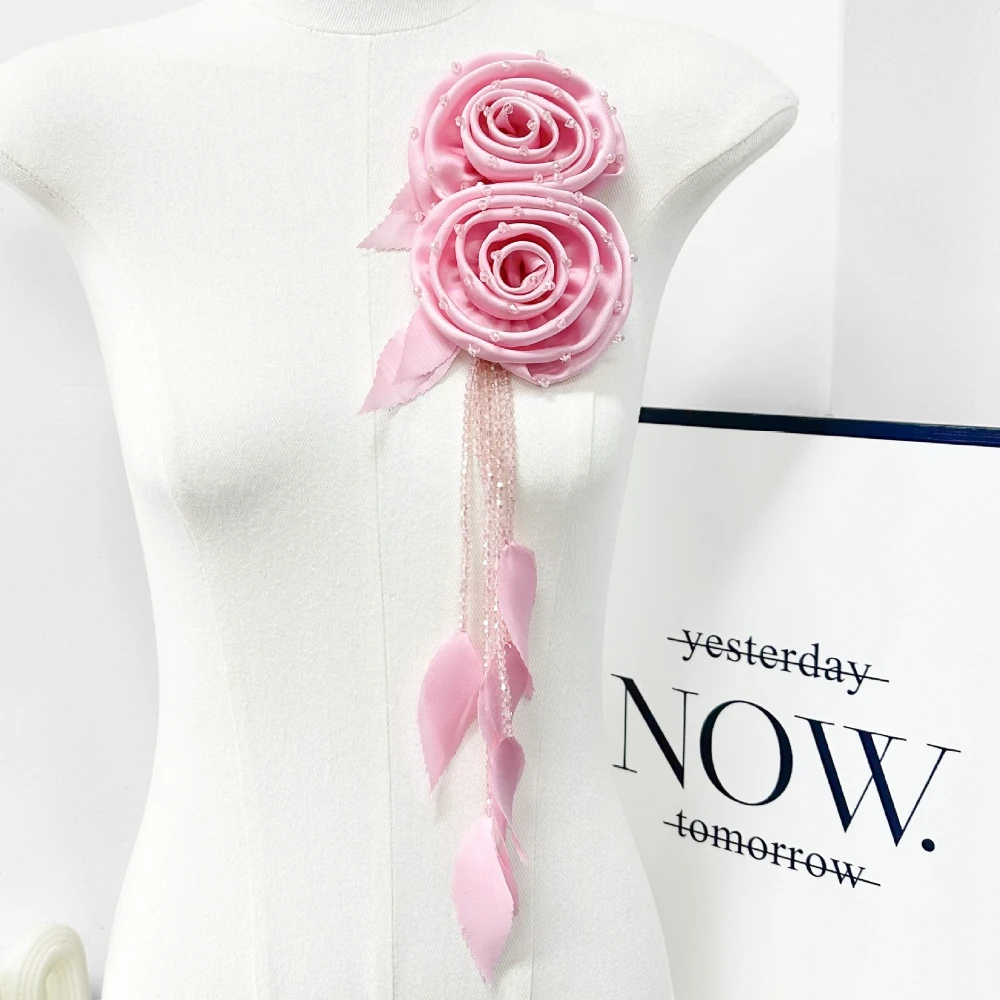 Handmade Crystal Fabric Rose Brooch Pins Tassel Flower for Wedding Dress Corsage Elegant Fashion Jewelry Accessory