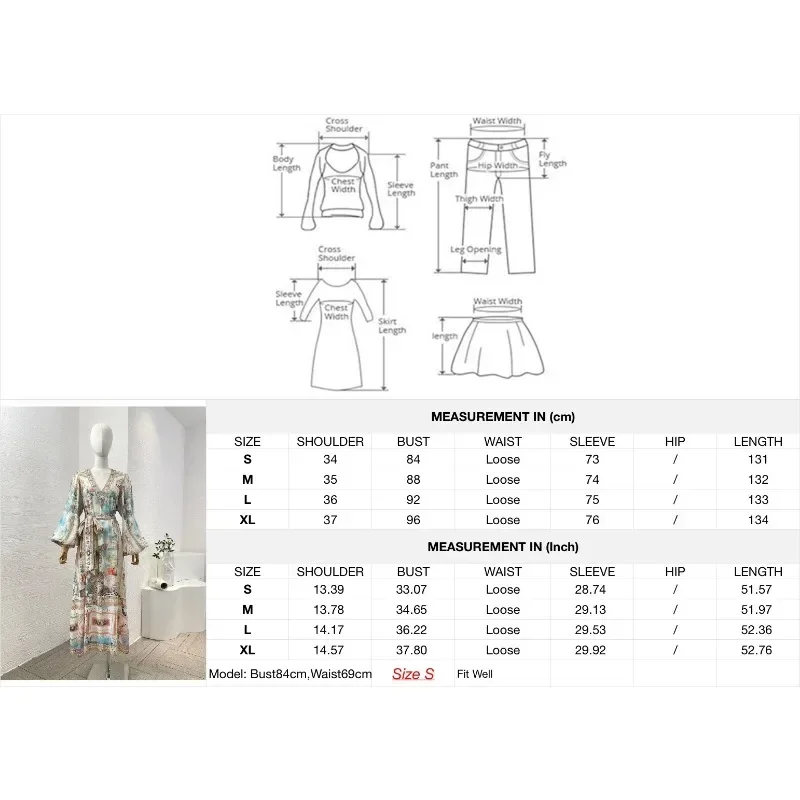 린넨 실크 꽃 프린트 2024 랜턴, 긴팔, 빈티지 하이 퀄리티, V넥 다이아몬드, 레이스업, 여성용 미디 원피스, 신제품