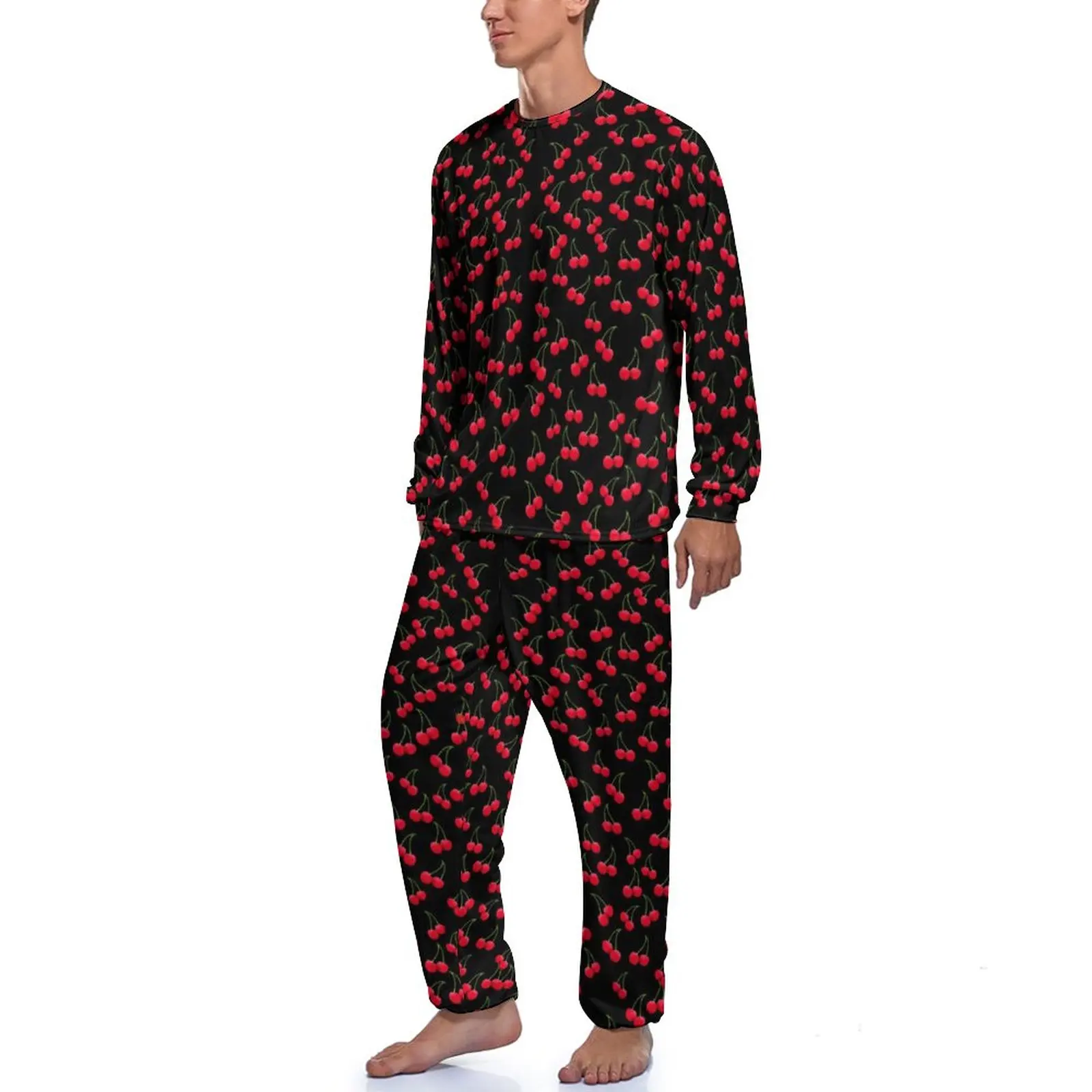 Cherries Jubilee Pajamas Autumn Red Fruits Print Home Sleepwear Man 2 Pieces Graphic Long Sleeves Warm Pajama Sets