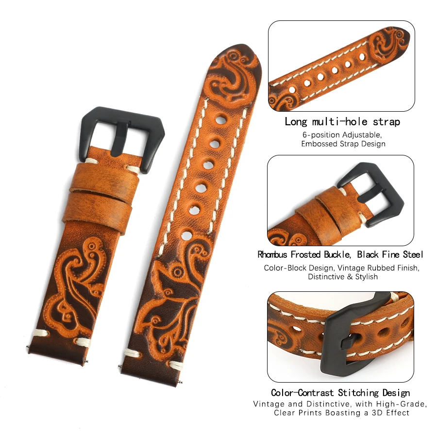 Vintage Carving Men Watch Strap Handmade Stitched Embossed Leather Watchband  Black Buckle for Panerai 18mm 20mm 22mm 24mm