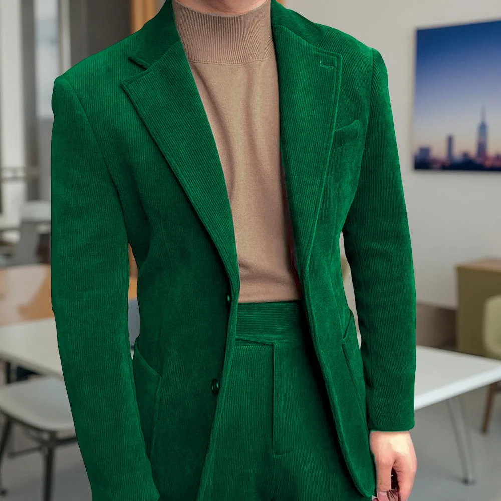 

Зеленый вельветовый мужской костюм, однобортный, с лацканами, приталенный, мужской, свадебный, на заказ, 2-х предметный костюм, куртка с брюками
