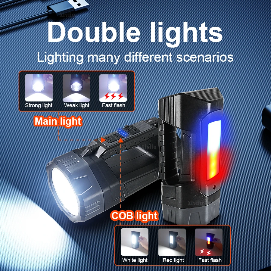 New LED Solar Searchlight Outdoor Long Range Flashlight Strong Light Torch Solar+Type C Rechargeable Flashlight Camping Lighting