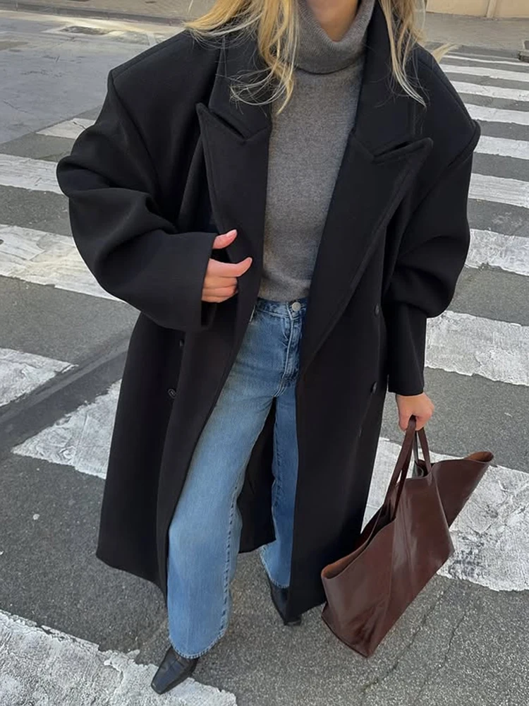 أنيقة مزدوجة الصدر معطف طويل المرأة الكاكي التلبيب كم طويل التلبيب فضفاض مستقيم معاطف الإناث 2025 موضة الخريف أبلى