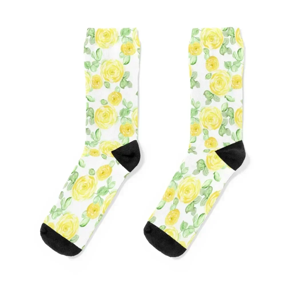 

Yellow Watercolor Roses Pattern Socks winter Antiskid soccer Climbing kawaii Socks Male Women's