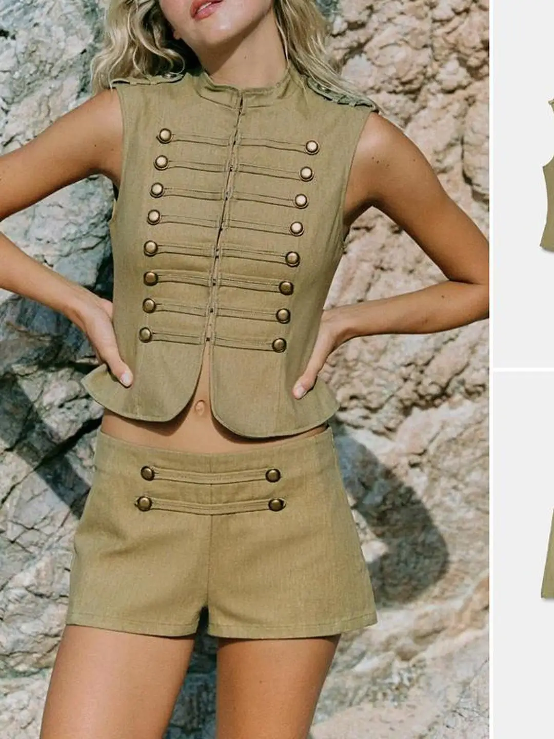 Slim Fit Sleeveless Stand Collar  Short Set High Waist Sexy Girl Style Citywalk A-Line Narrow Strap Vest And Shorts Combo