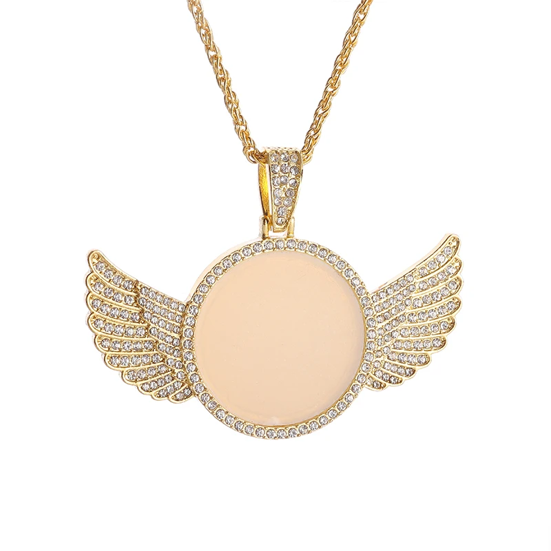 Hip Hop Ice Out Angel Wings Round Medal Pendant for Men Women Photo Necklace Fashion Rock Rap Jewelry Gift