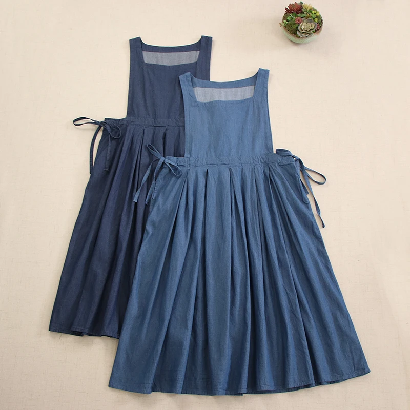 Japanese Vintage Mori Girl Double Side Strap Waist Belt Denim Vest Dress Women Spring Summer Sleeveless Casual Loose Tank Dress