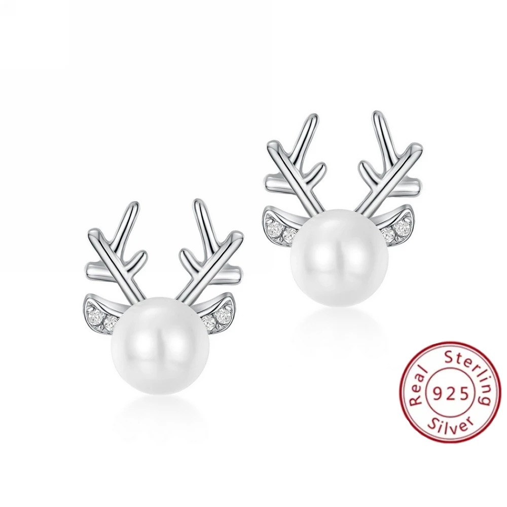 ALLNOEL 925 Sterling Silver Stud Earrings for Women 5-5.5mm Shell Pearl Reindeer Antlers Animal Christmas Gifts Original Jewelry