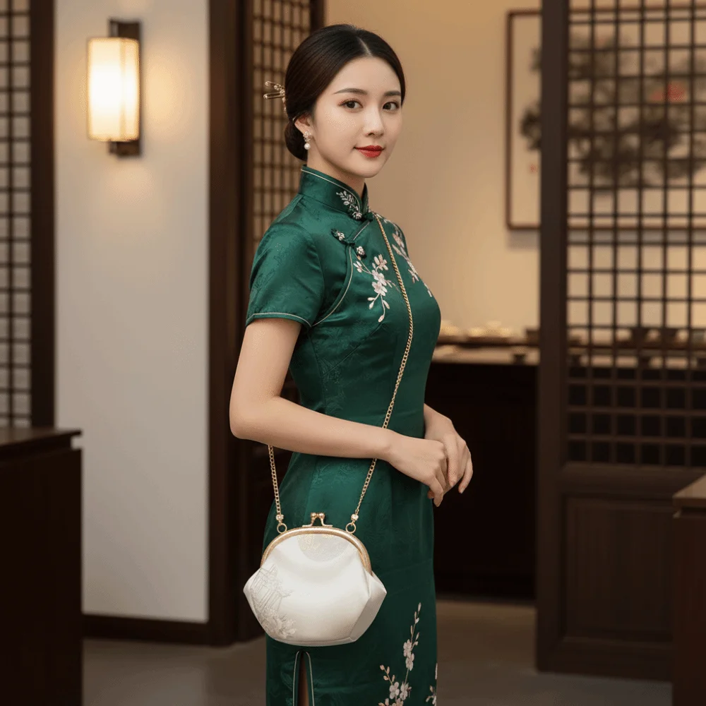 Floral Brocade Cheongsam Bag Satin Fabric Metal Clasp Kiss Lock Purse Mini Size Handcrafted Feel Embroidered Clutch Tea Ceremony
