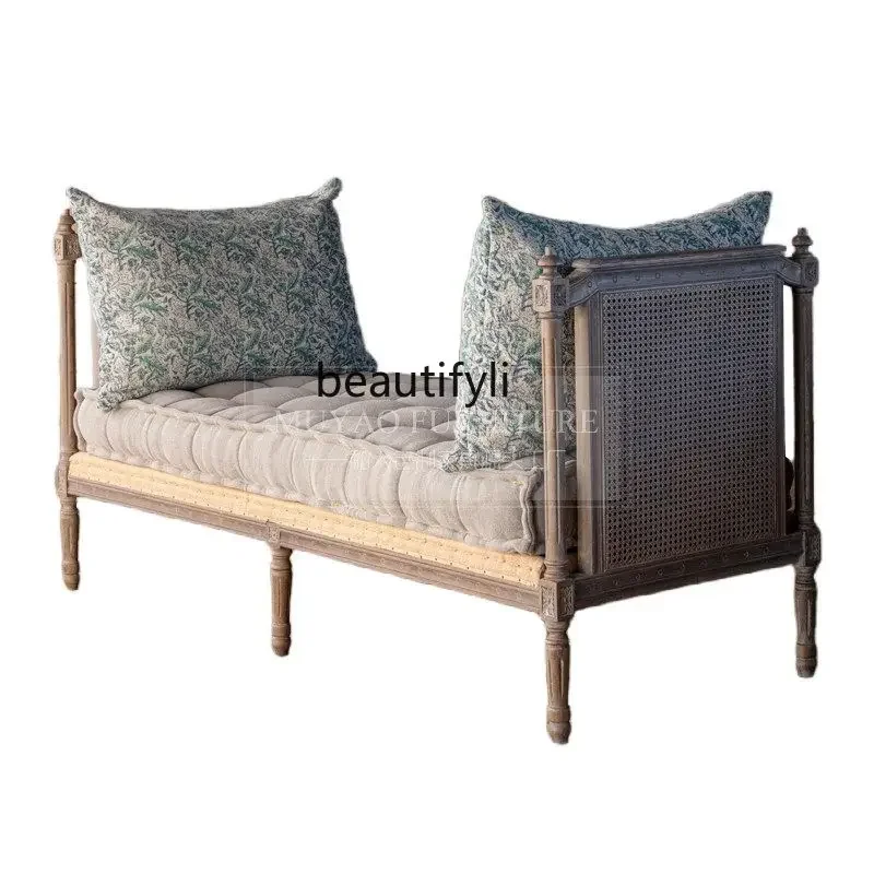 

French retro solid wood sofa American rattan large double three concubine leisure bedside bench living room furniture