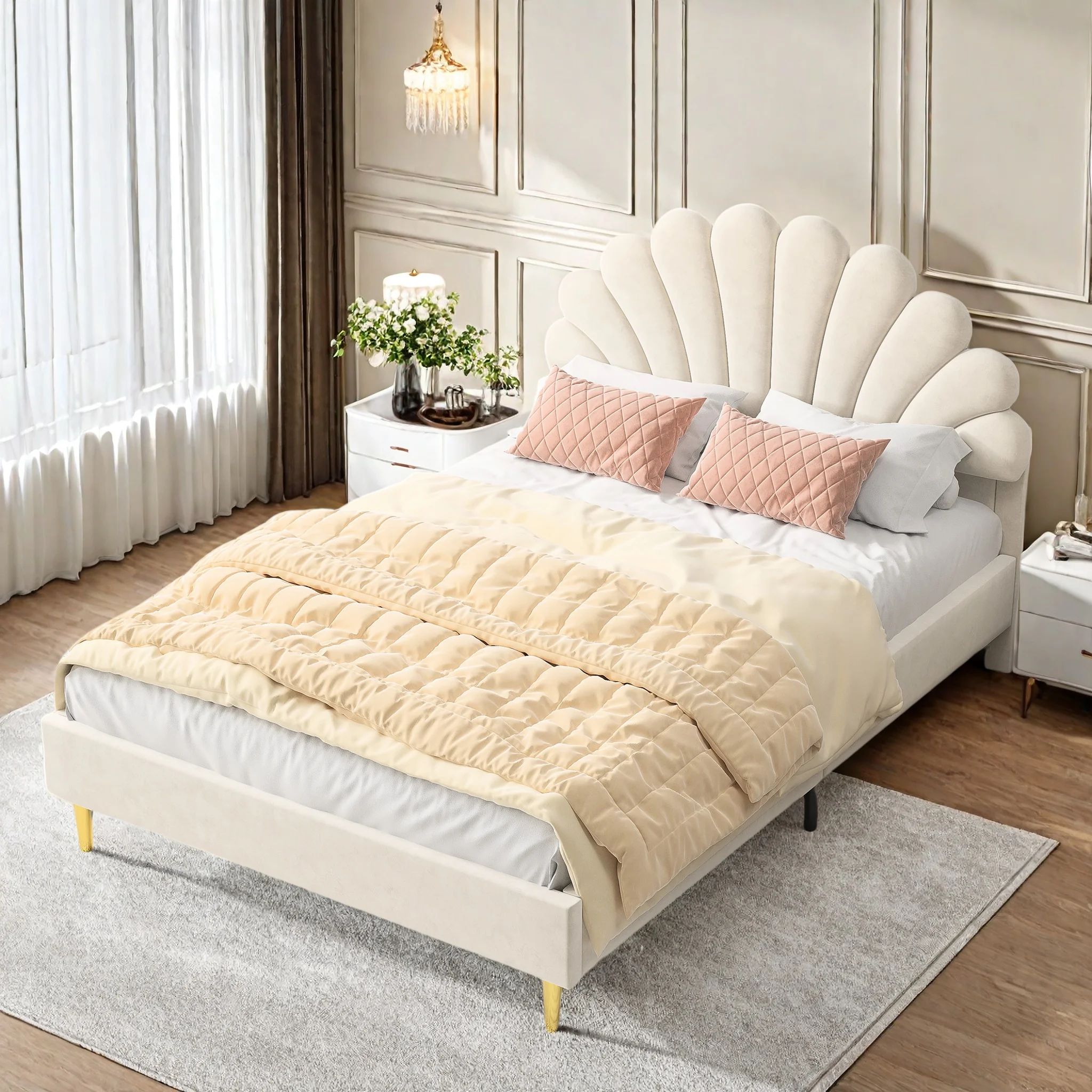 Fangange kinderbed 90x200 cm, eenpersoonsbed, 140x200 cm, meisjesbed met in hoogte verstelbaar bloemblaadjes-hoofdeinde, gestoffeerd, zonder matras