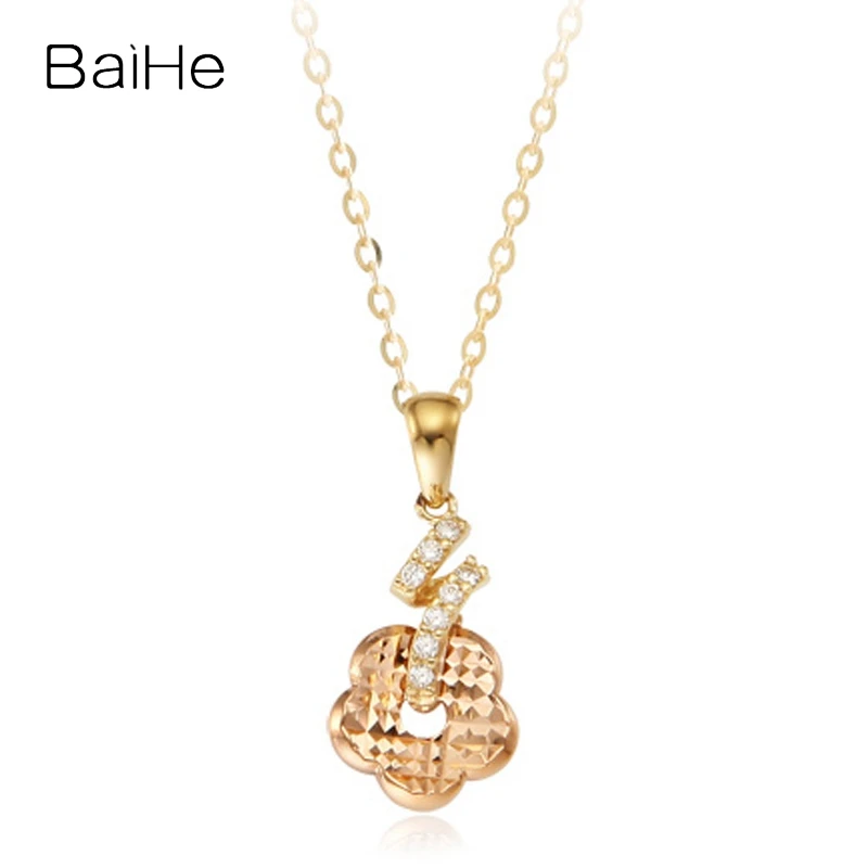 

BAIHE Solid 14K Yellow+Rose Gold Natural Diamond Flower Necklace Women Trendy Fine Jewelry Making قلادة زهرة collar de flores