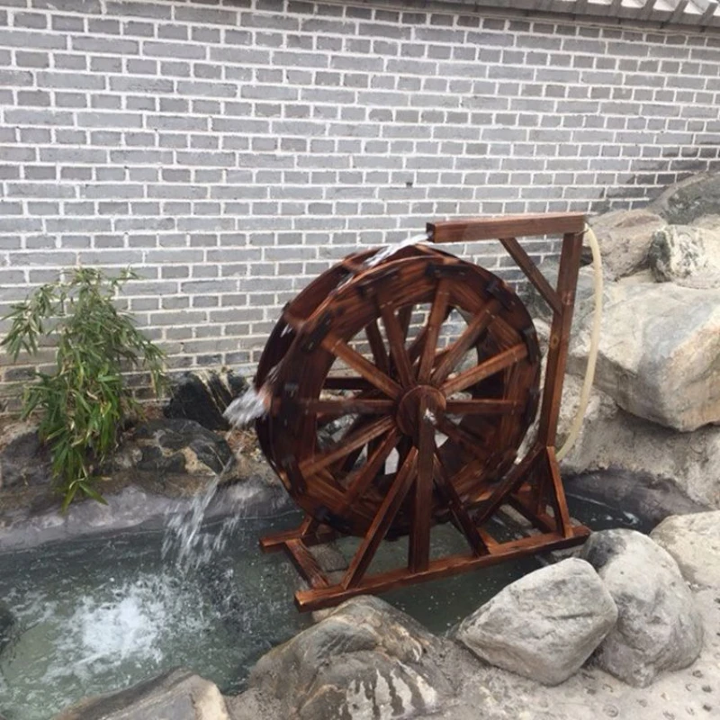 Wooden waterwheel rockery flowing water fountain outdoor fish pond landscaping retro decorative ornament