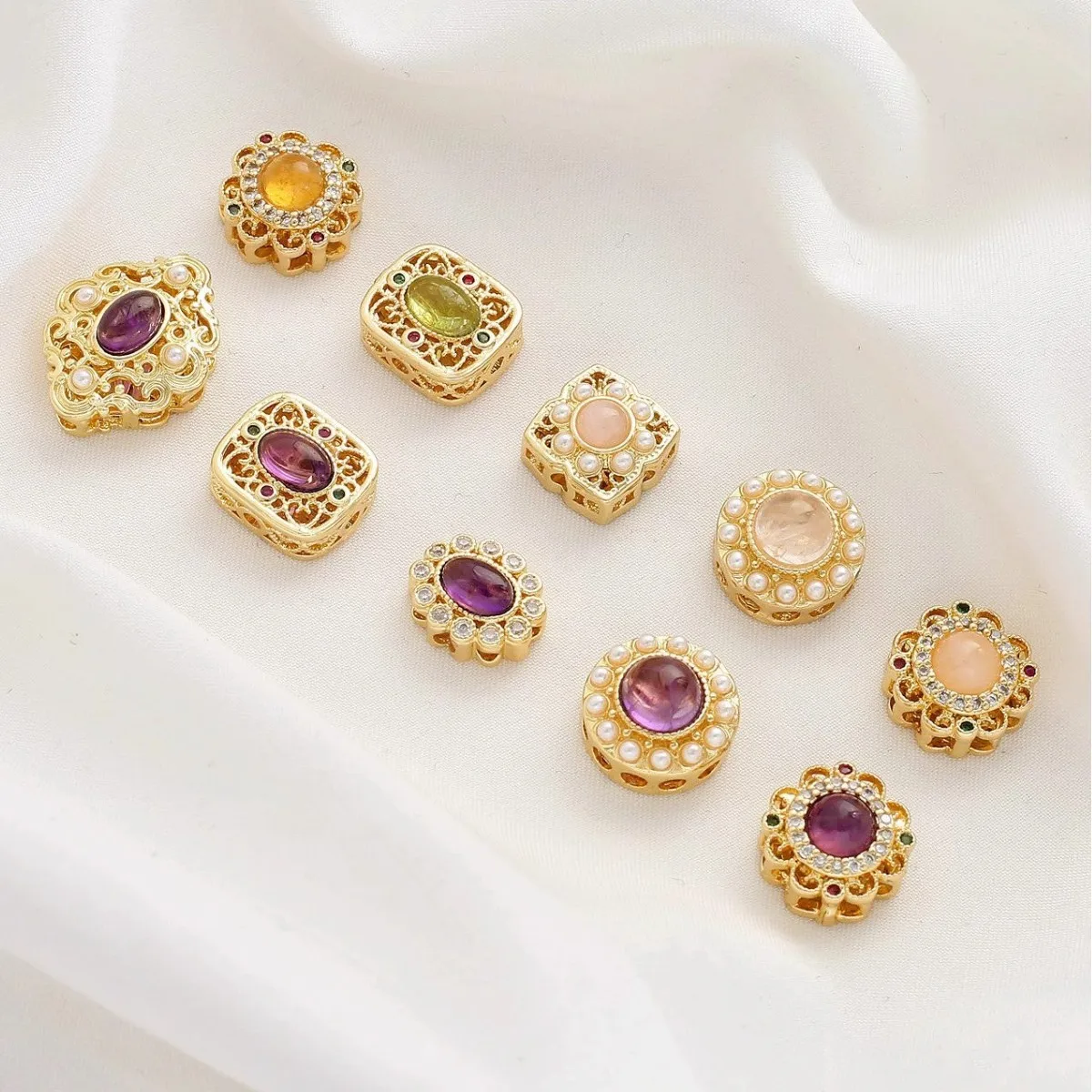 Gold Plated Inlaid Natural Amethyst Rose Quartz Hollow Floral Spacer Beads, Peace Buckle Pendant, DIY Jewelry Accessories