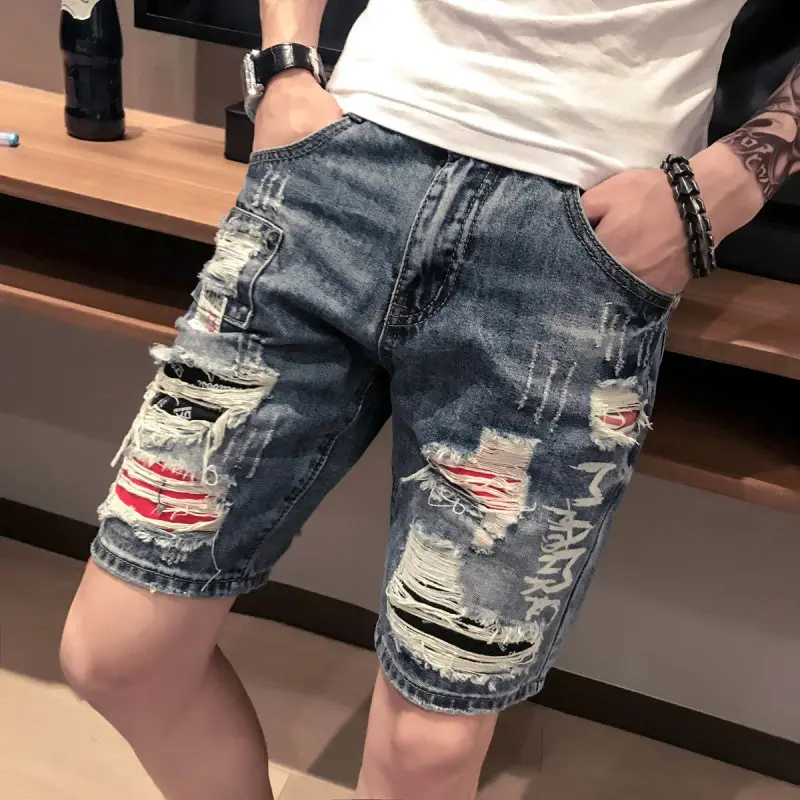 Hot 2022 Summer Fashion Street Teenagers Guy Trendy Boy Denim Shorts Ripped Hole Trend Knee Length Five-point Pants Short Pants