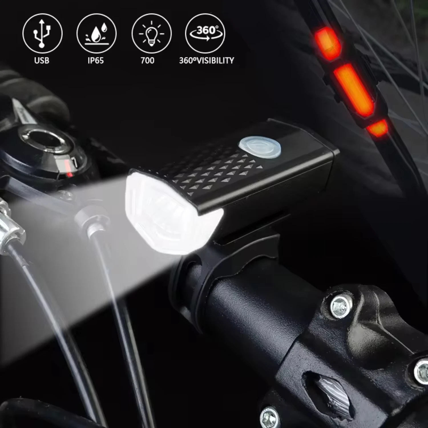 2pcs Bike Bicycle Light USB  Rechargeable Set MTB Road Bike Front Back Headlight Lamp Flashlight Cycling Light Cycling Acces