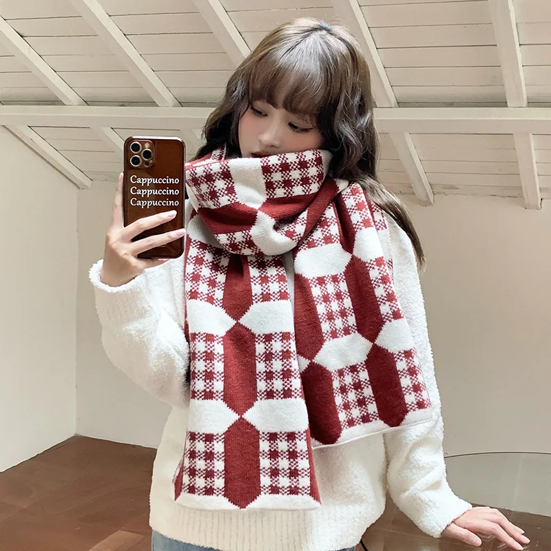 

WOMEN Fashion Scarf Set Chunky Knit Plaid Shawl Warm Winter Neck Wrap Ins Style Gift for Her Travel Accessories