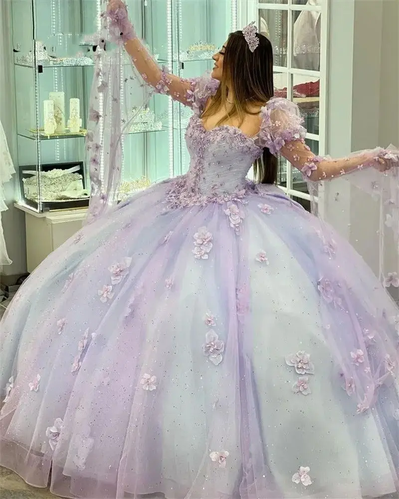 Lorencia Lilac Princess Quinceanera Dress Ball Gown Long Sleeve Flowers Appliques Beading Corset Sweet 16 Dress Vestidos YQD336