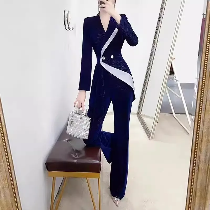 Blue Golden Velvet Suit Set Women 2023 New Spring Autumn Season High End Temperament Casual Small Blazer Foreigner Pants Career