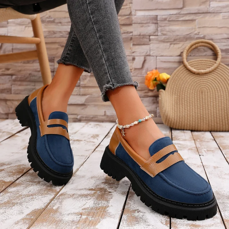 

Loafers for Women 2025 Spring and Autumn New European and American Style Round Toe Low Heel Slip-On Women's Leather Shoes