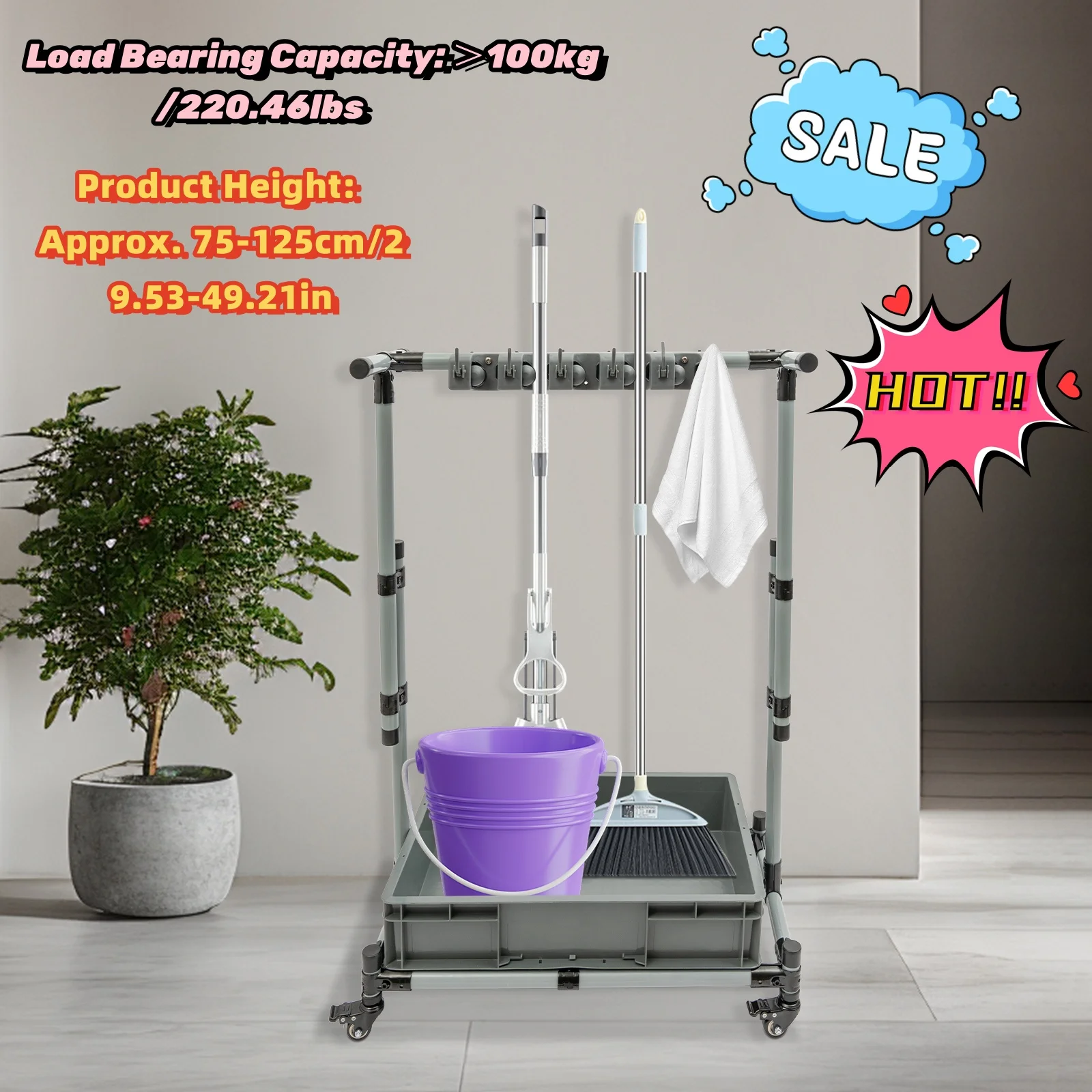 

Mop Storage Storage Rack Movable Floor-Mounted Mop Rack Floor Standing Cleaning Tool Cart Storage