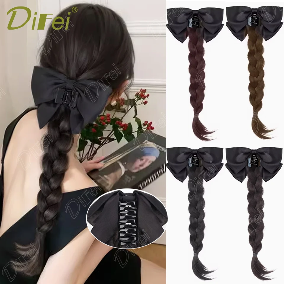 DIFEI Claw Clip Style Synthetic Ponytail Wig Female Natural BlackBowKnot Claw Clip Matte Three-strand Braided Ponytail Wig