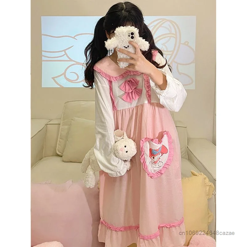 Sanrio Melody Cute Clothes Women Cotton Nightdress Princess Style Long Sleeve Home Dress Y2k Girl Spring Pink Sleepwear Kawaii