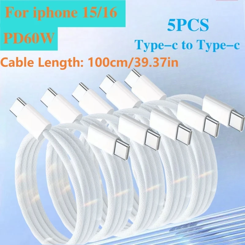 5 Pack, 1m, PD 60W USB-C to USB-C Braided Fast Charging Cable, Type-C Charger Cord Compatible with iPhone 15/16, Samsung, Xiaomi and Other Smart Devices