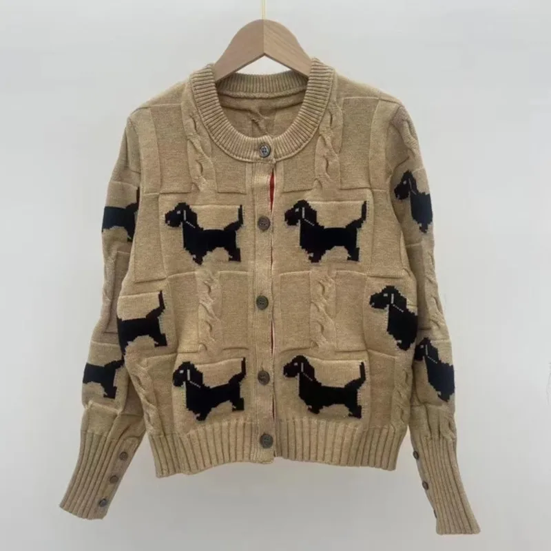 

Women Round neck Knitted Cardigan Sweater For Women With Small Dog Pattern Top Long Sleeves Autumn And Winter Knit Sweater