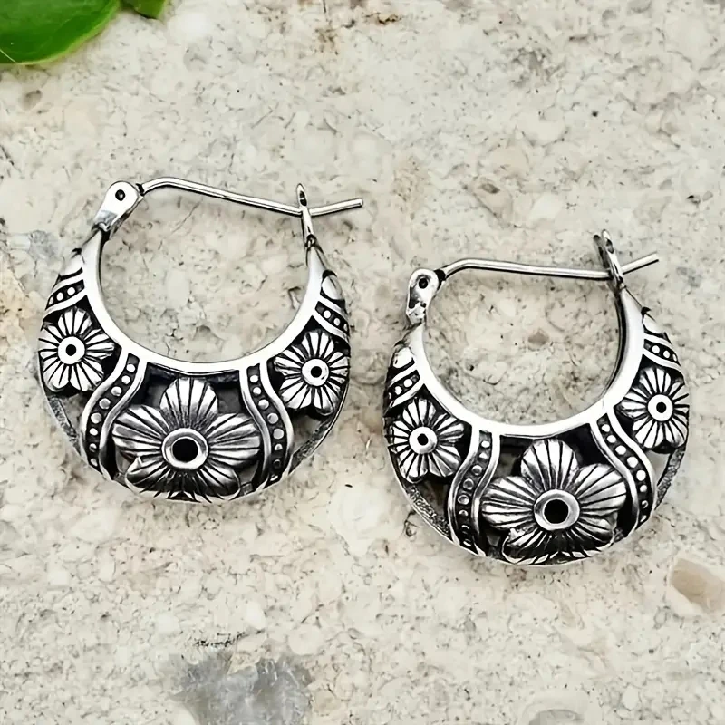 Silver Plated Hoop Earrings for Women, Silvery Flower Pattern, Retro Jewelry, Trendy, Exquisite