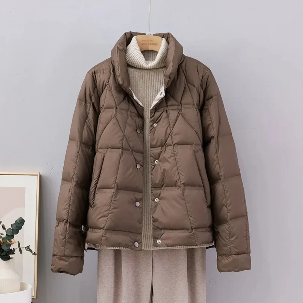 2024 Autumn Winter Lightweight Puffer Jacket Women Stand Collar Long Sleeve Single Breasted Duck Down Coat Female Short Parkas