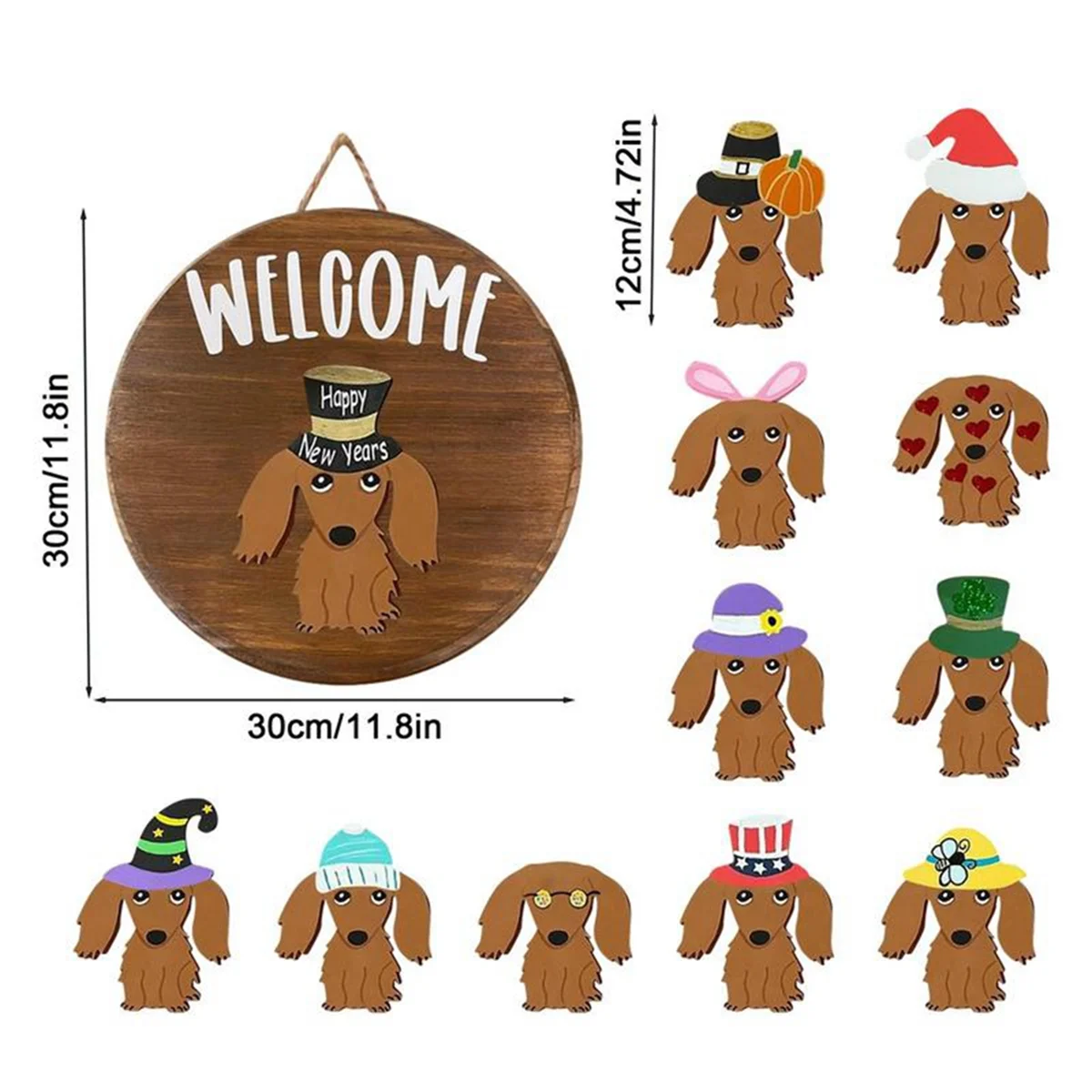 Dachshund Seasonal Welcome Sign for Front Door Rustic Round Wood Wreaths Sausage Dog Wall Hanging Home Decor