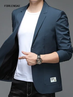 FORLENGKE Men Casual Blazer Notch Lapel Single Breasted Slim Fit Jacket Pocket Label Decor Long Sleeve Outerwear Male Daily Fash