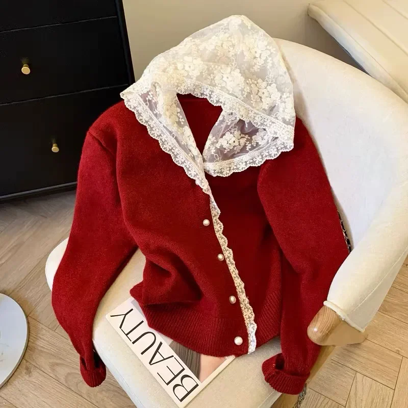 Autumn Winter Lace Hooded Knitwear Sweater Women 2024 New Fashion Loose Casual Cardigan Button Pure Colour Outerwear Female