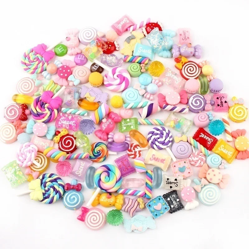 50Pcs Mix Design Candy Sweets Flatback Resin Cabochons for Kids Embellishments DIY Arts Scrapbooking Crafts