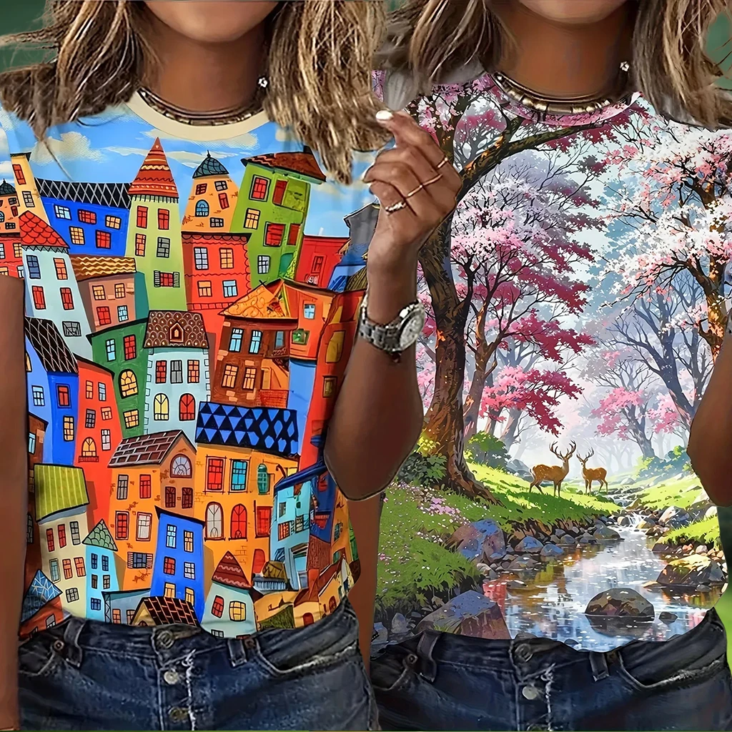 

2025 New Comfortable Loose Women's Elegant Pattern Round Neck Printed T-shirt Quick Drying Breathable Top Street Fashion T-shirt