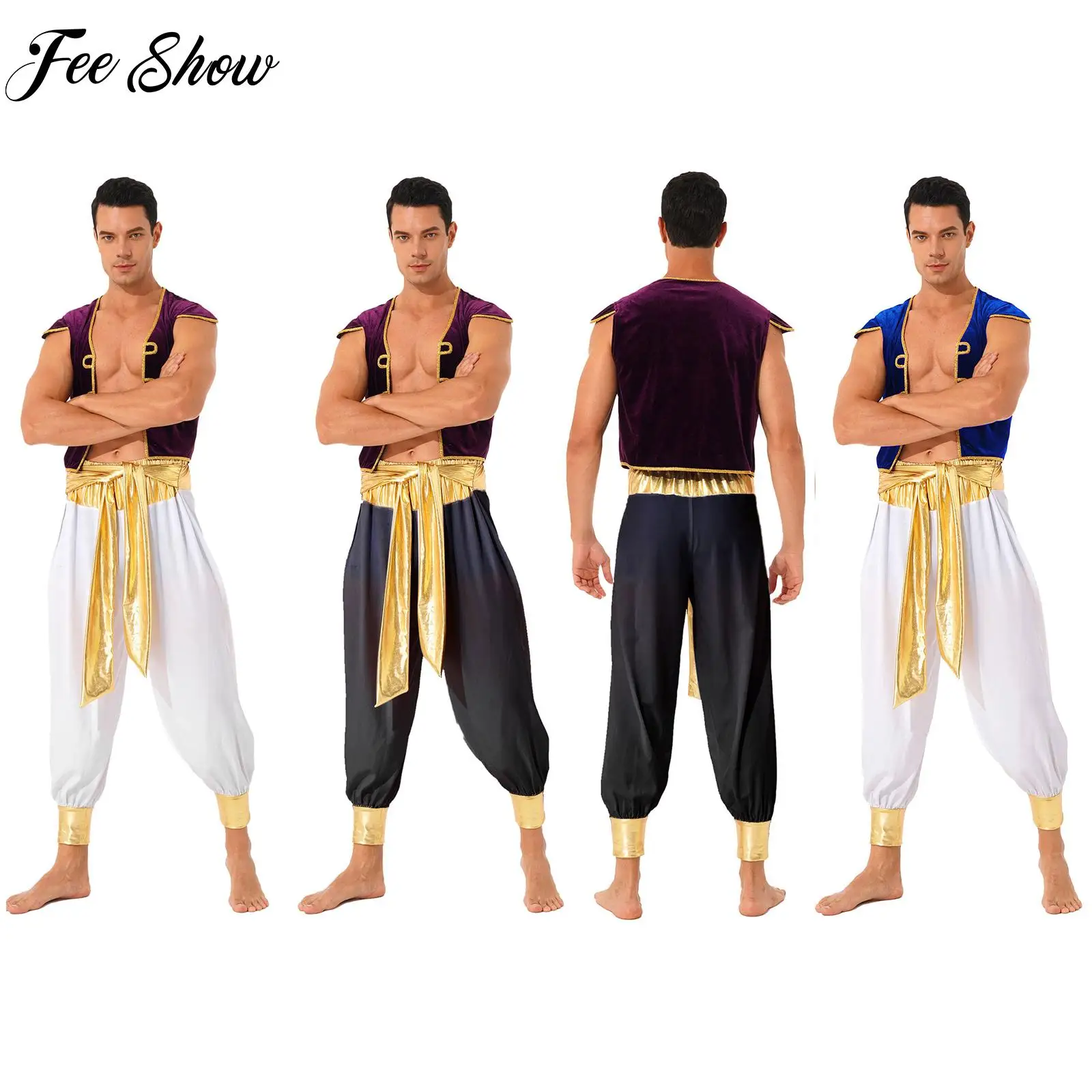 

Mens Arabian Prince Captain Cosplay Costume Halloween Outfits Cap Sleeve Vest Belted Bloomers Pants Set for Carnivals Dress Up