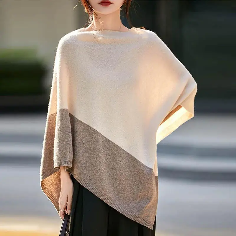

Autumn Winter Cashmere Poncho Pullover Shawls Knitted Woolen Irregular Cloak Scarf Elegant Women Warm Bat Sleeve Loose Scarf