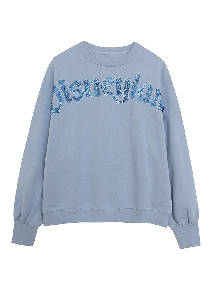 ديزني الترتر ديزني لاند إلكتروني طباعة التطريز البلوز المرأة س الرقبة بريق البلوفرات البلوز القمم الصوف للجنسين 2025 جديد