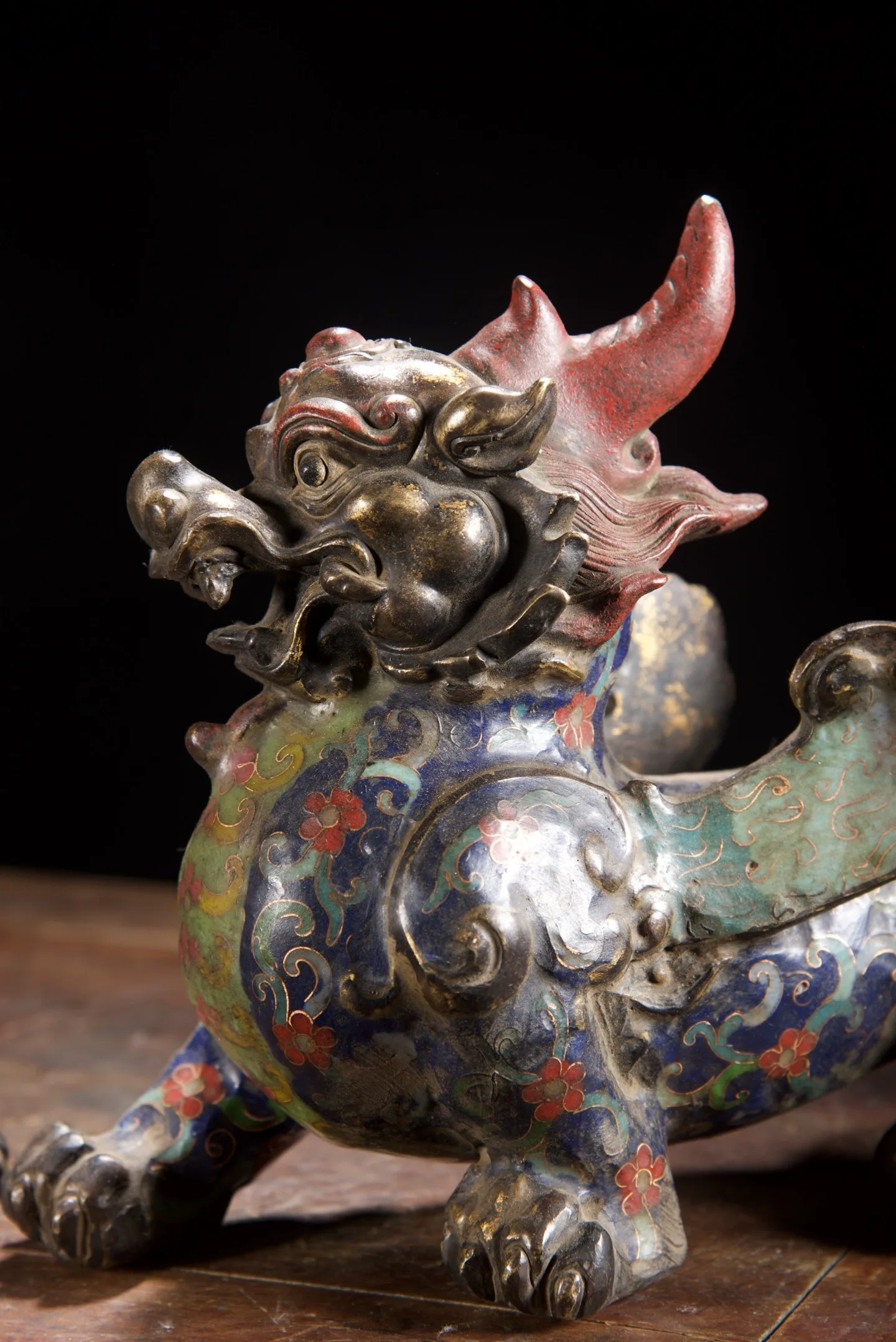 Old Bronze Cloisonne Flower texture Pixiu Divine Beast Statue a pair unicorn on one 's desk Study Amass wealth Ornaments
