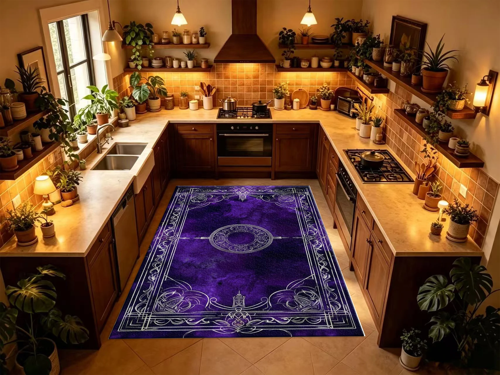 Purple Magic Ornate Frame Square Area Rug Gothic Vintage Border Printed Floor Carpet for Living Room Bedroom Home Decor